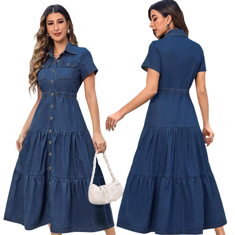 Plus-size women's lapel button long-sleeve/short-sleeve long dress