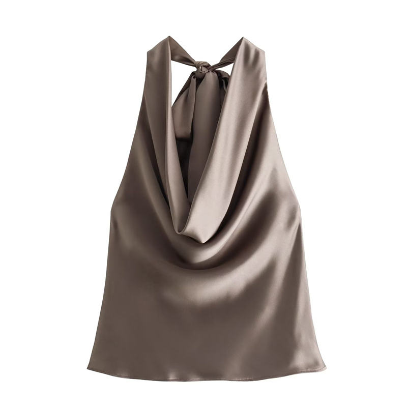 TAOP & ZA women's 2023 new fashion chic satin-textured solid color open-back top in 3 colors wholesale 8432361