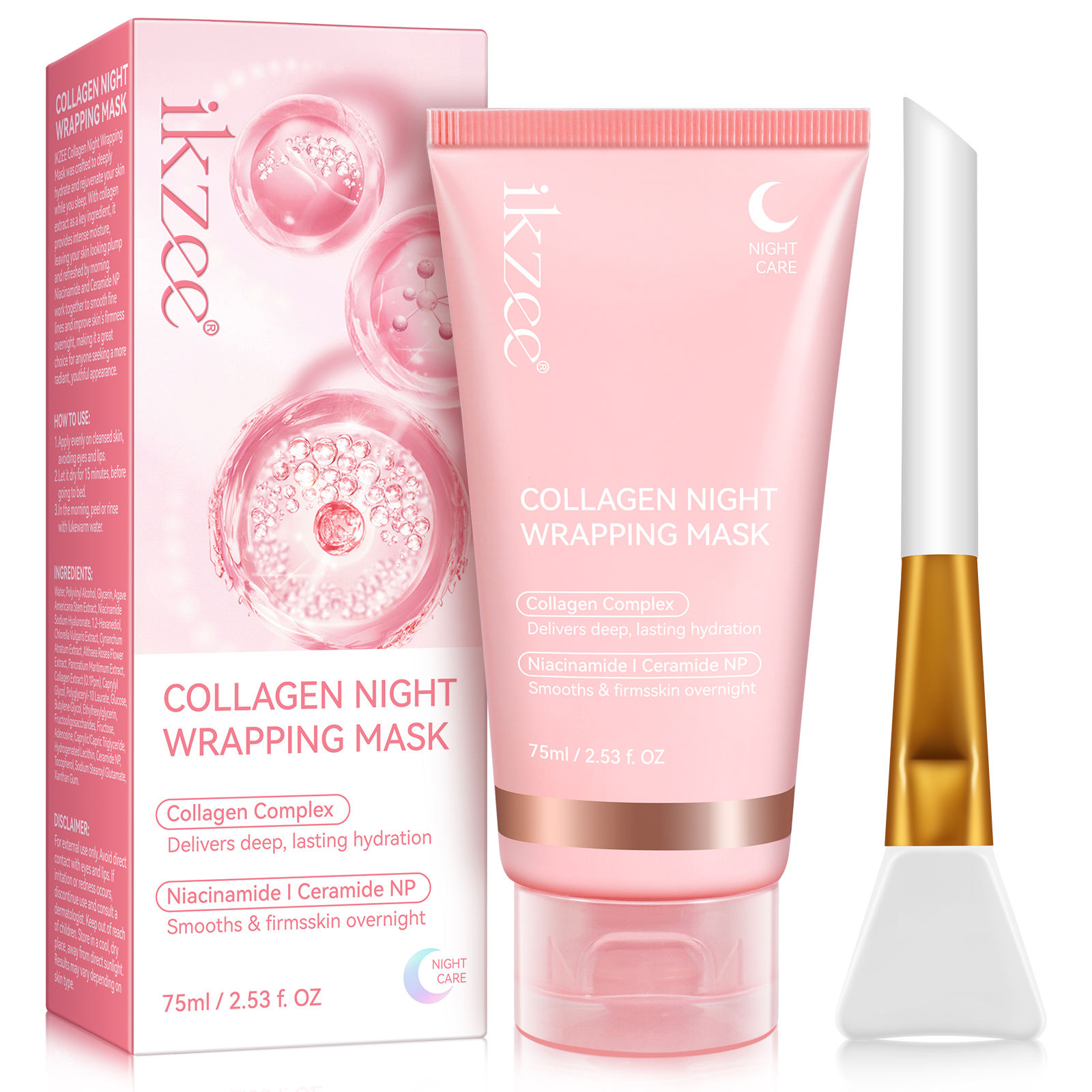 IKZEE long-lasting moisturizing smoothing skin pink collagen firming facial sleeping mask, deep collagen overnight pack mask