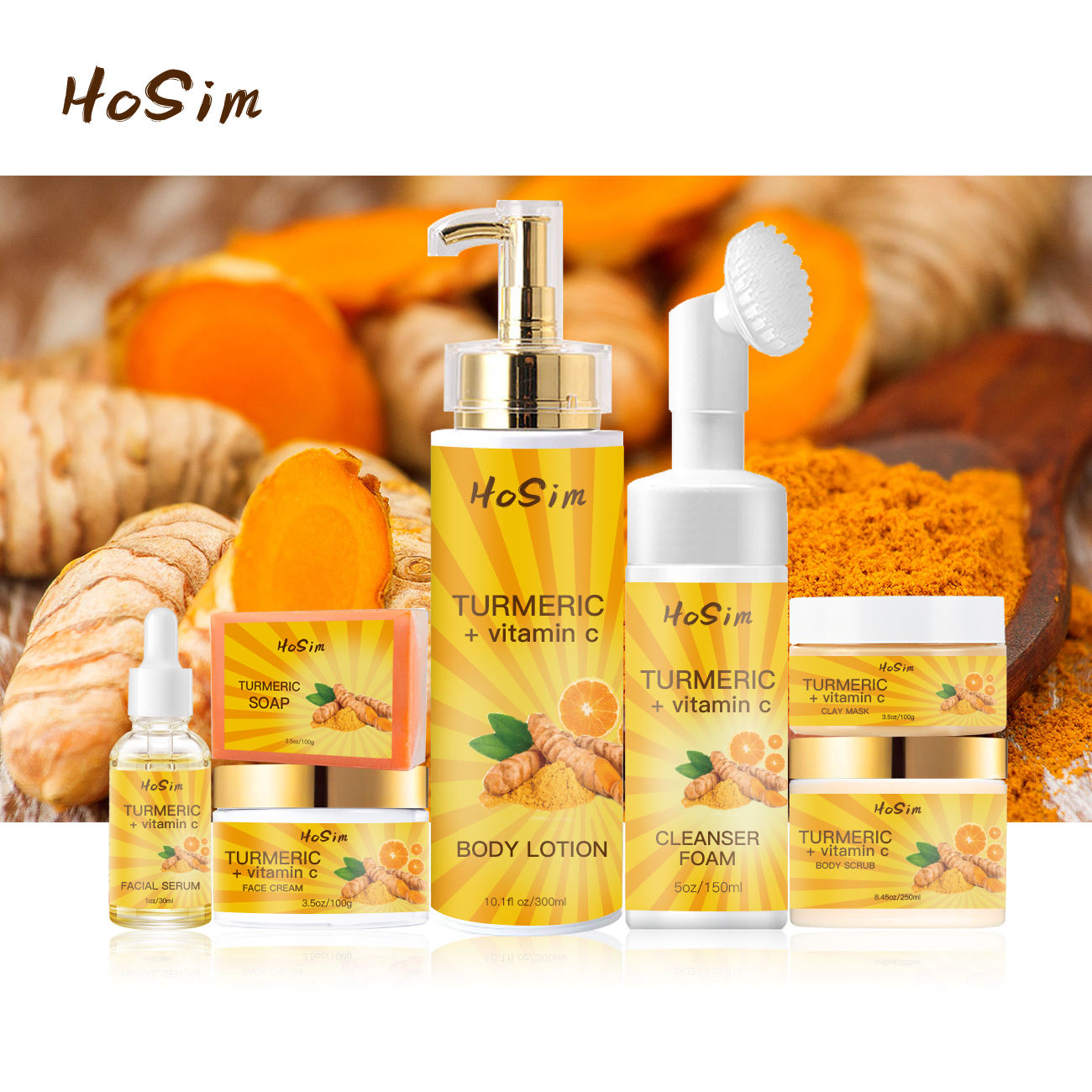 7-piece facial anti-acne skincare set, natural organic brightening, turmeric clay mask, cleansing foam, cream, soap, lotion, serum skincare kit