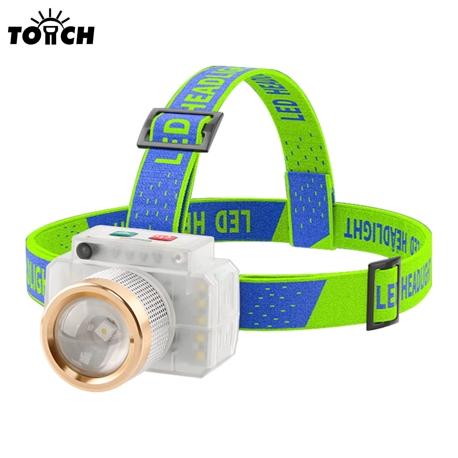 Outdoor multi-light mode headlamp with battery power display, rechargeable wave sensor, strong front light, red and blue safety lights, portable headlamp