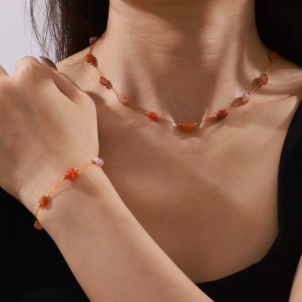 New Chinese Ethnic Trend Elegant Accessories Natural Agate Stone Handmade Beaded Design Titanium Steel Jewelry Set