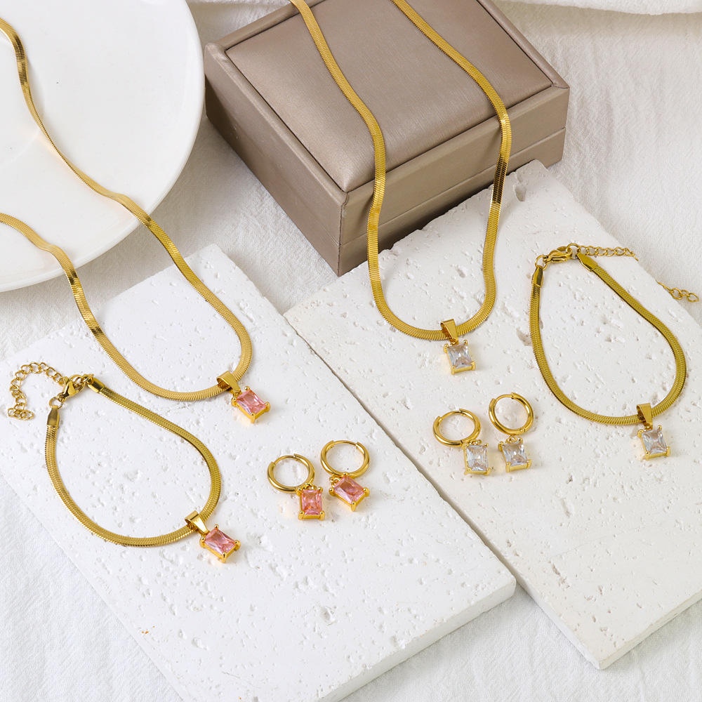 Women’s Stainless Steel Jewelry Set Gold-Plated Earrings Bracelet Necklace with Zircon Perfect for Party Gift Anniversary