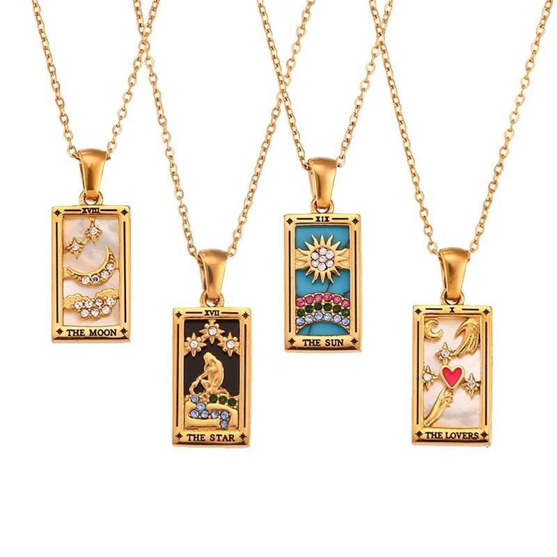 Vintage Stainless Steel Jewelry Accessory Rectangular Palm Sun Wheel Zircon Retro Tarot Card Pendant Necklace