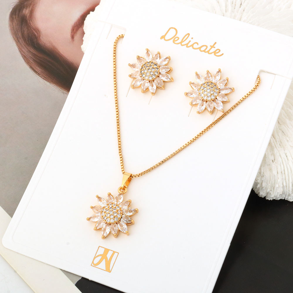 NYH Sunflower Fashion Zircon Flower Pendant Chain Necklace Gold-Plated Stud Earrings Jewelry Set Women’s Accessories
